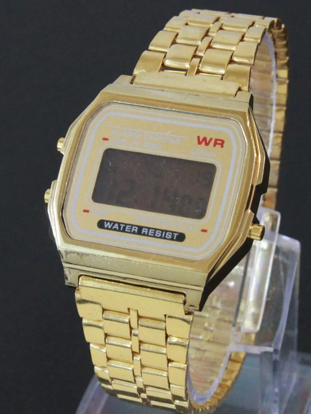 Retro Style Digital Watch Metal Case Bracelet Back light, Stopwatch, Day, Date